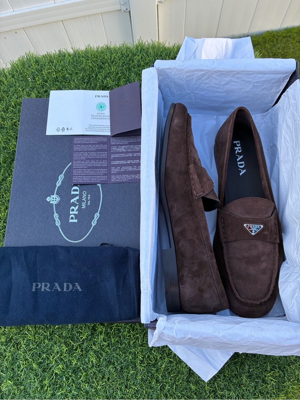 PRADA BROWN CALF SUEDE LOAFERS METAL TRIANGLE LOGO MEN’S SZ UK 9.5 / US 10.5 NEW - Picture 13 of 16